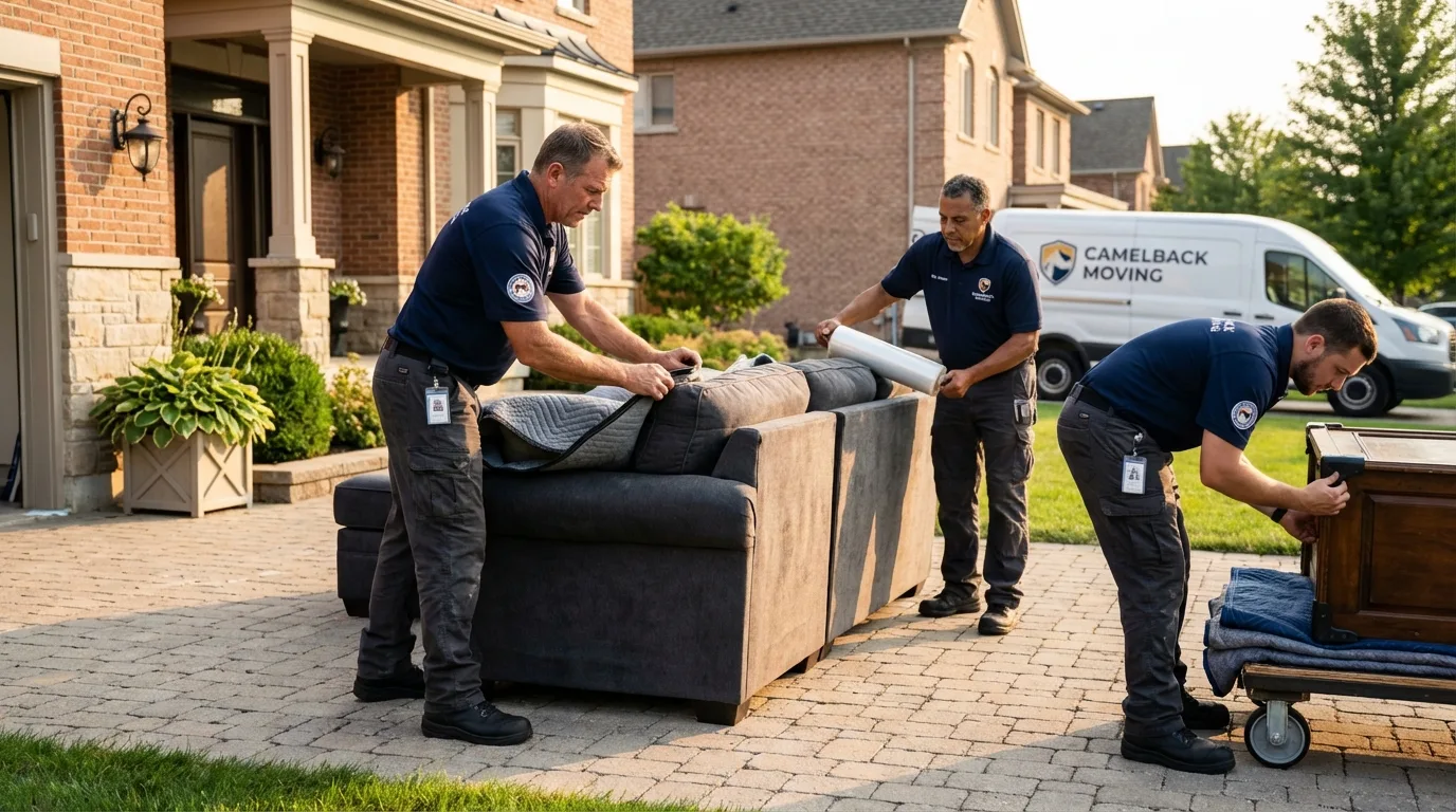 Large estate moving crew wrapping furniture in Denver, IA
