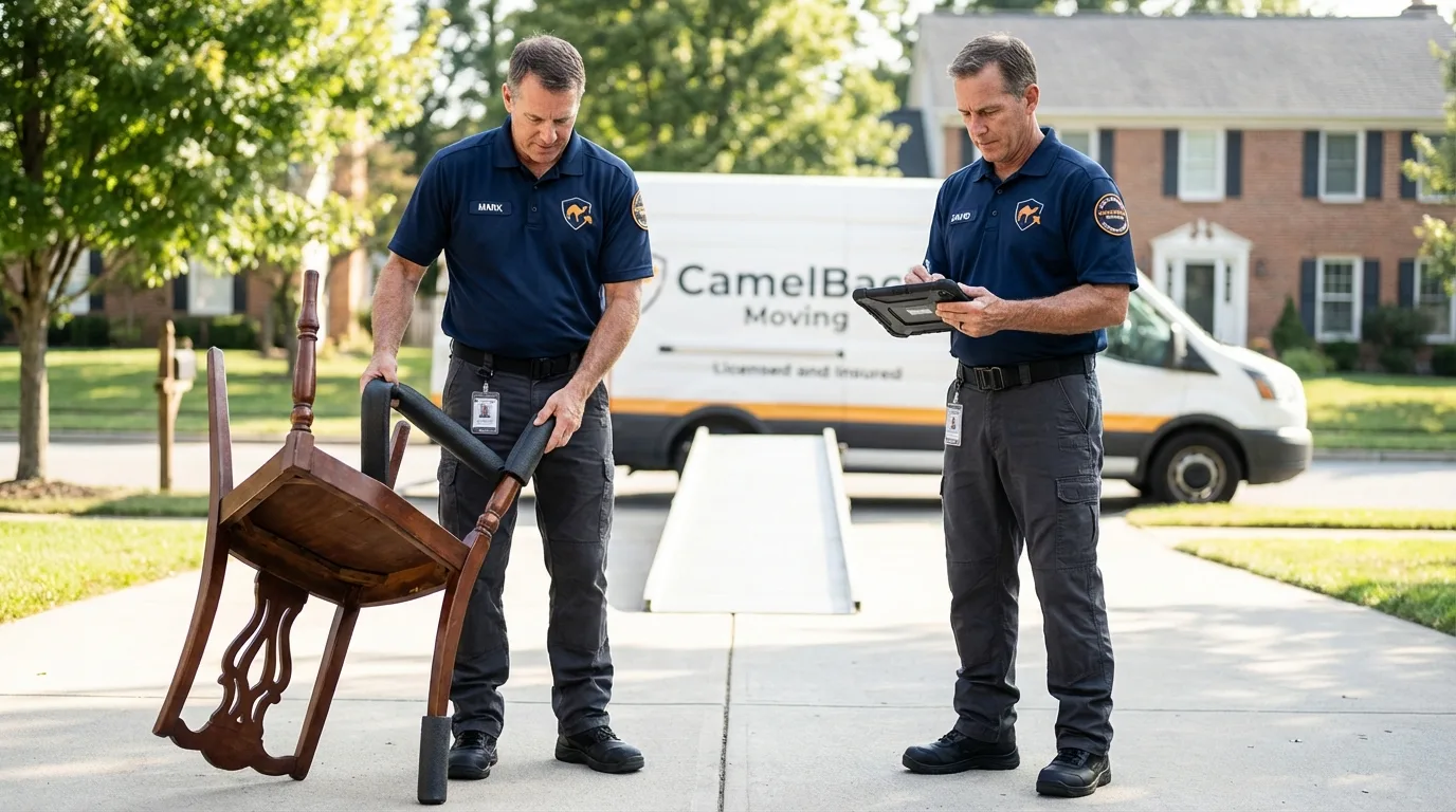 Movers inspecting furniture for damage prevention before loading in Denver, IA
