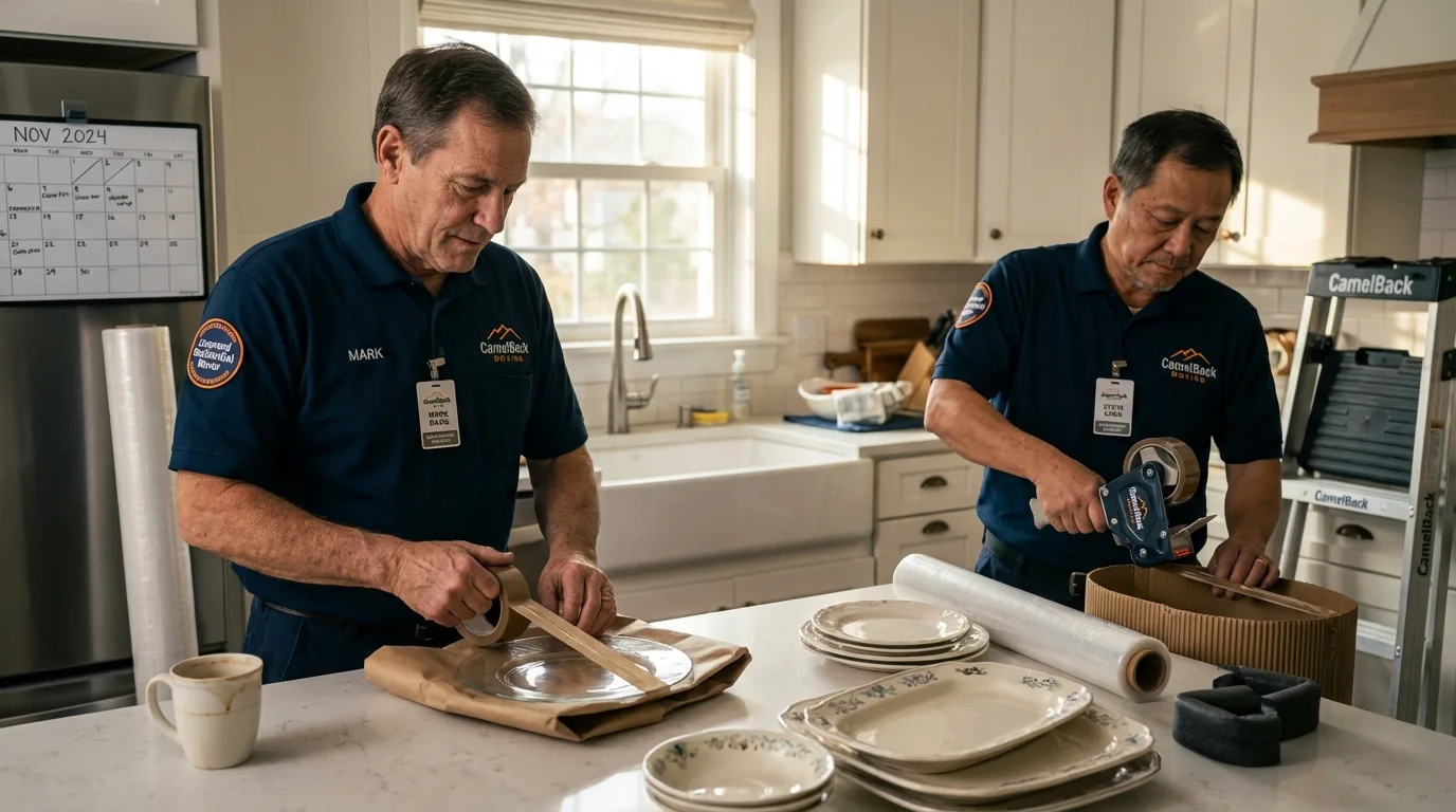 Professional crew packing kitchen dishware in Denver, IA